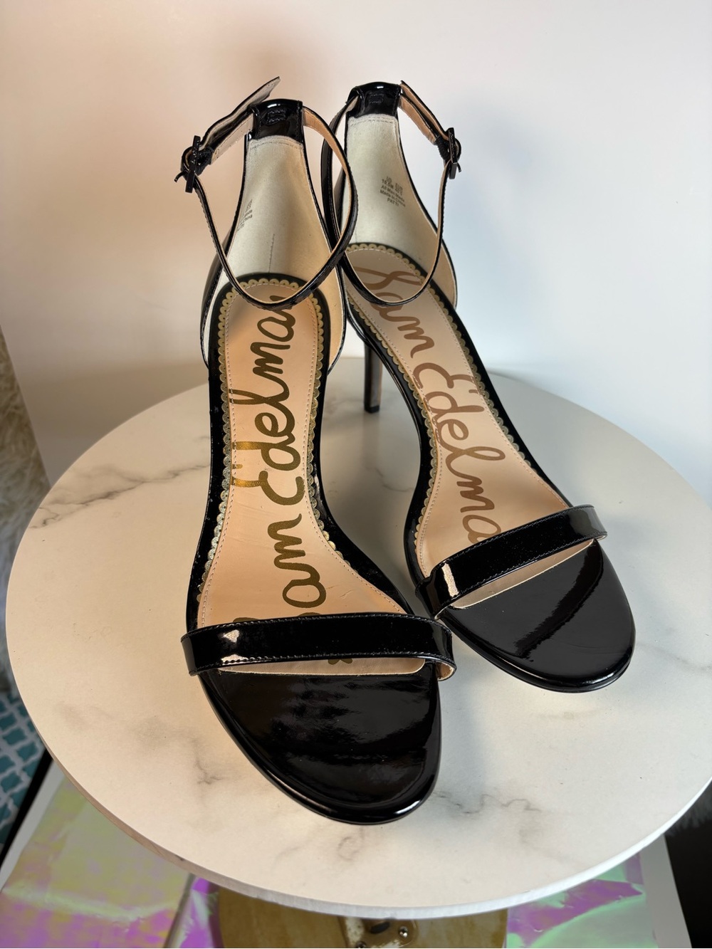 Sam Edelman Black Patent Ankle-Strap Stilettos